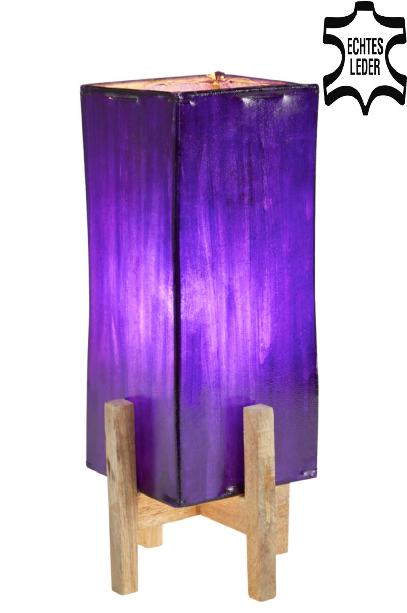 Lampe de table en cuir Janka, violette avec un pied marron