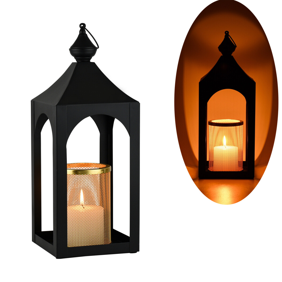 Lanterne de jardin Cadmus 42 cm noir et or, photophore scand