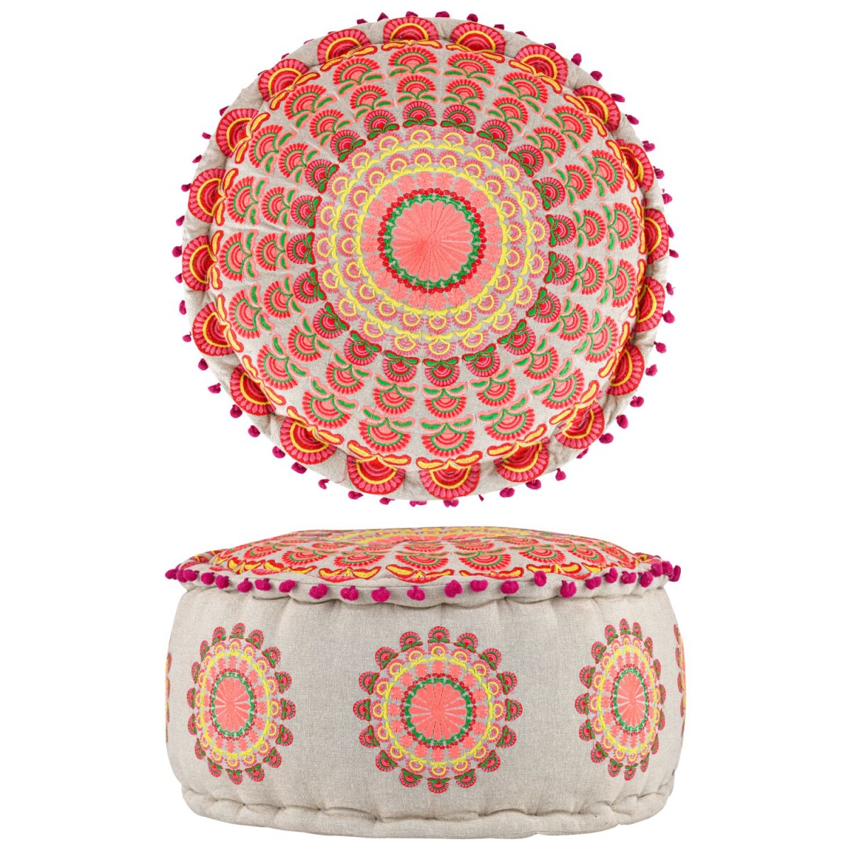 Pouf Garet Orange | Pouf rond en coton brodé, 50 x 25