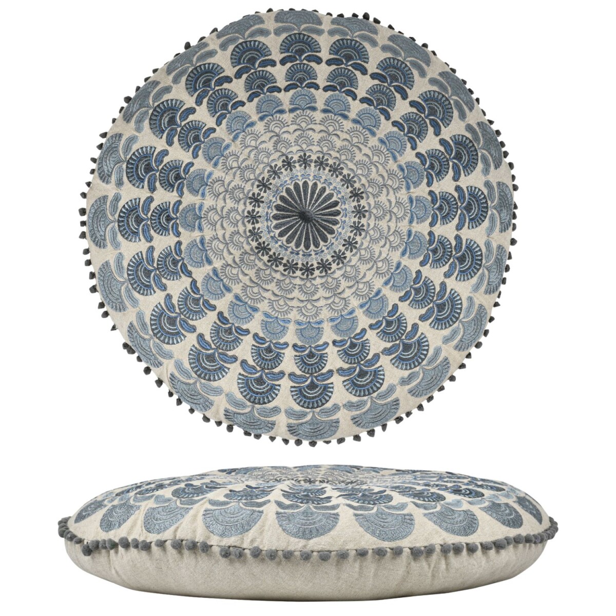 Coussin de sol Garet bleu, rond, 60 x 15 cm | Coton brod&eac