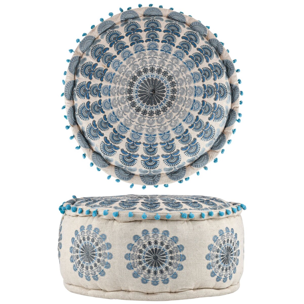 Pouf Garet Bleu | Pouf rond en coton brodé, 50 x 25 c