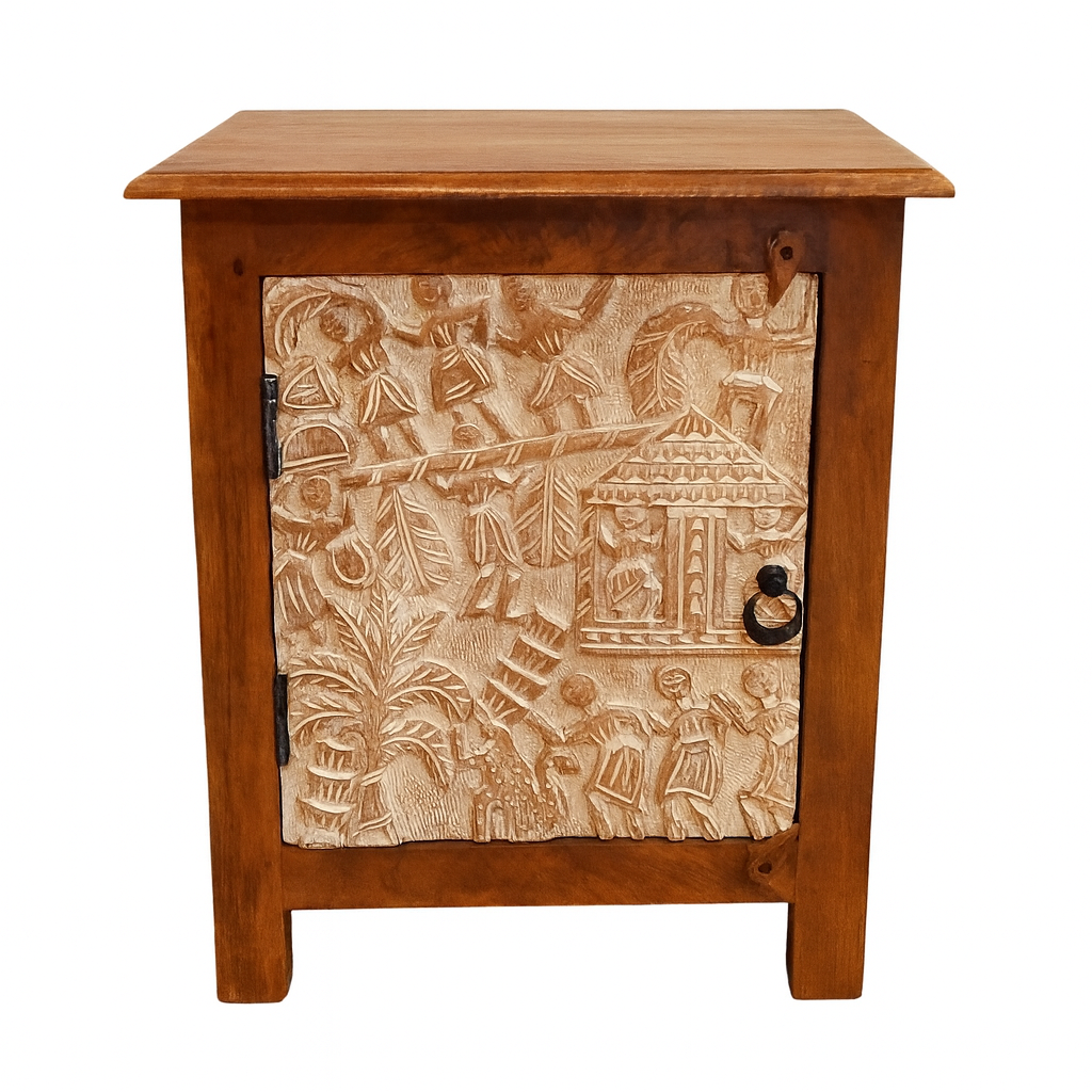 Table de chevet Faten 60 cm | Bois massif avec porte sculpt&