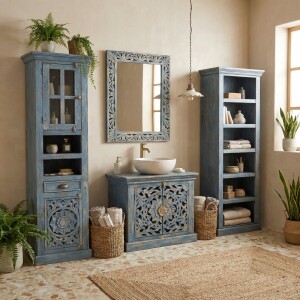 Meuble de salle de bains Kirpal bleu oriental en bois...