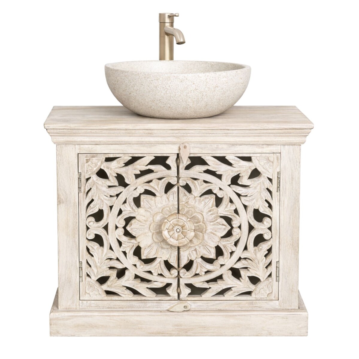 Meuble sous-vasque Kirpal blanc, style oriental, en bois mas