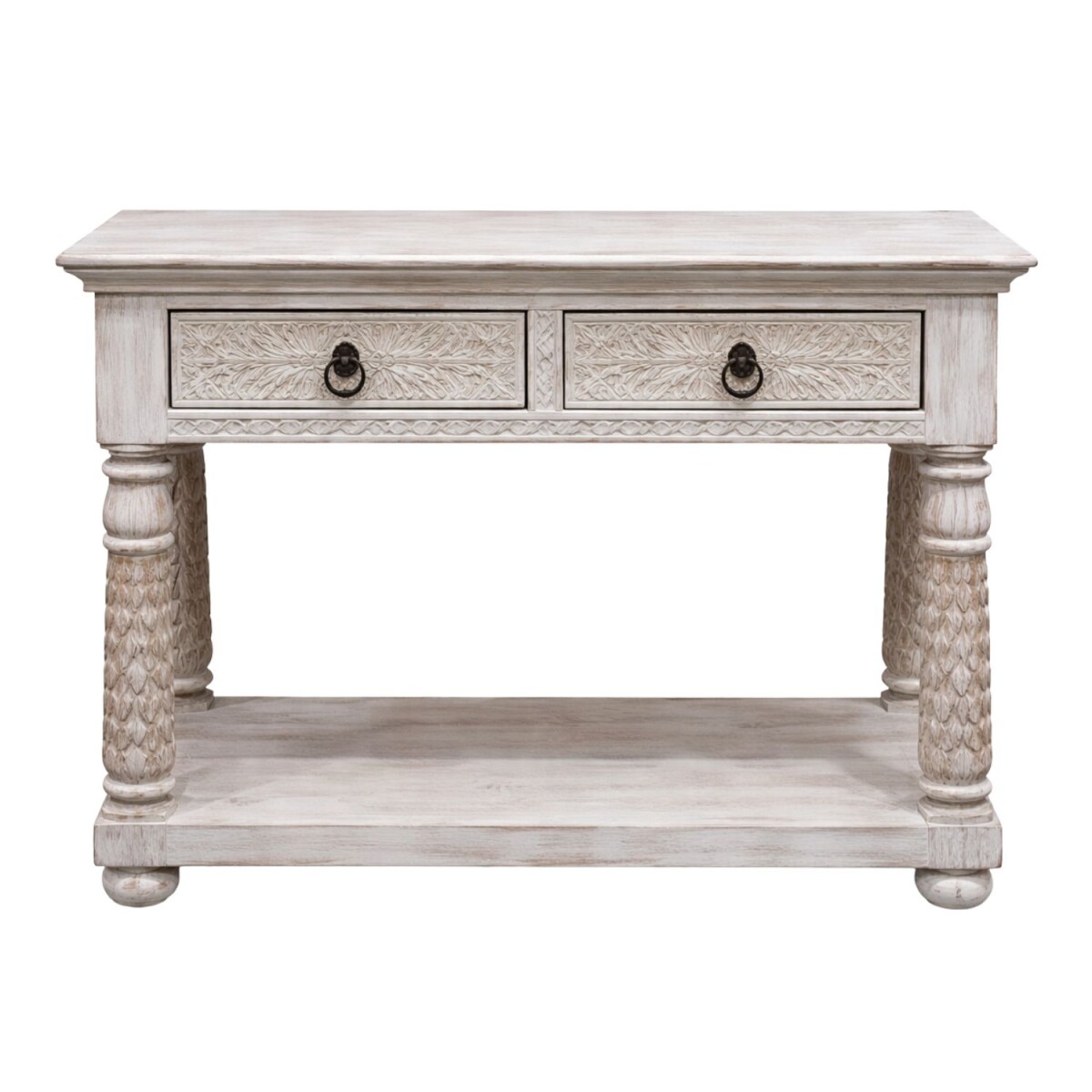 Console Rangan blanche 97 cm en bois massif, style boh&egrav