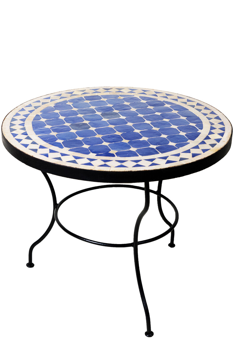 Table en mosaïque marocaine, bleu et beige de Marrakech