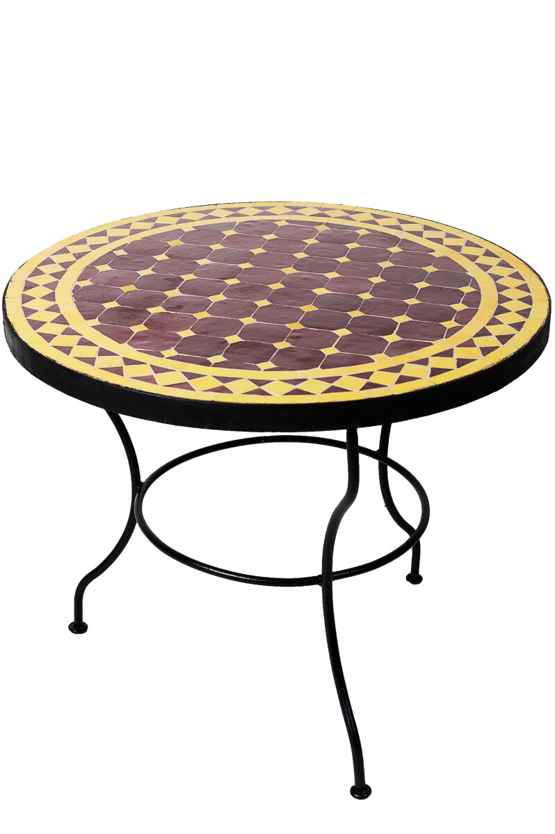 Table marocaine en mosaïque de Marrakech, jaune bordeau